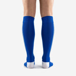 Close-up of custom blue soccer socks calf panel with white vertical pinstripe detail