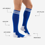 Royal blue soccer socks feature diagram showing anti-wrinkle, anti-pilling, quick dry, anti-shrink, and breathable construction labels