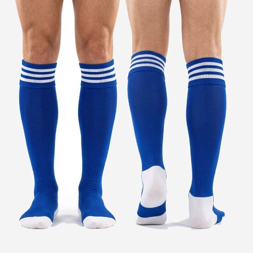 Custom royal blue soccer socks shown from front and back views with white heel and toe panels, three white stripe cuff bands