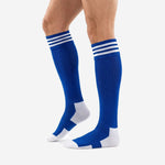 Custom royal blue soccer socks with player numbers and team name printed by full-dye sublimation for club and school teams
