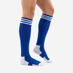 Reinforced white heel cup and toe cap panel on custom royal blue soccer socks made to order for soccer squads