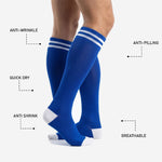 Mens custom royal blue soccer socks full knee high length view with white toe and stripe band