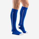Custom blue soccer socks with white pinstripe side panel shown at an angle on adult male legs