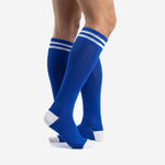 Royal blue soccer socks side angle showing double white contrast stripe and knee high length