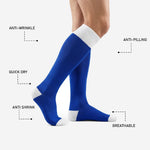 White reinforced toe cap detail on custom royal blue over-the-calf soccer socks