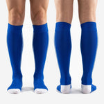 White reinforced toe cap on custom blue soccer socks for match day durability