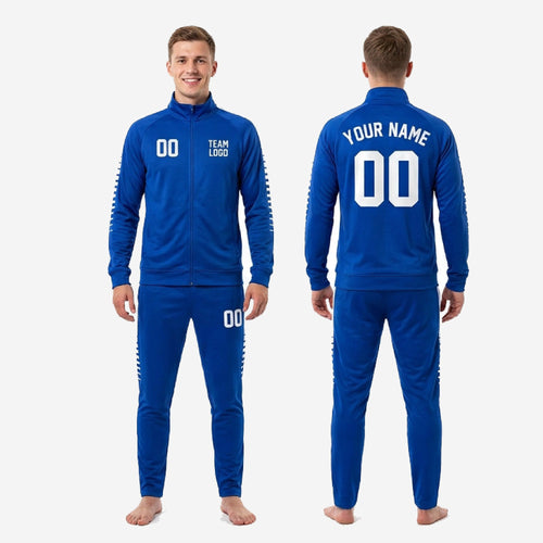 Custom royal blue soccer tracksuit 2-piece set for club leagues with full-dye sublimation print in Royal Blue and White