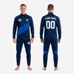 Full custom royal blue soccer tracksuit matchday set showing matched navy jacket and pants with team logo and number placement