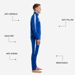 Royal blue tapered soccer tracksuit pants with white side stripe panel and player number on right thigh