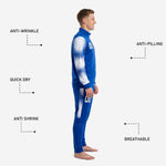 Custom sublimated royal blue soccer tracksuit pants detail showing white side panel stripe and player number on thigh