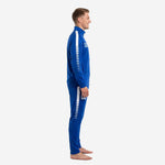 Royal blue soccer tracksuit left side view showing white contrast stripe running from shoulder to ankle on jacket and pants