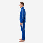 Custom royal blue soccer tracksuit right side view with team logo on back and white dash-stripe side panels on tapered pants