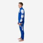 Custom royal blue and white soccer tracksuit right side view showing ribbed cuffs, stand collar, and tapered pant leg cut
