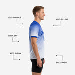 Back view of custom royal blue gradient soccer training jersey showing back number and name print zones