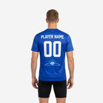 Close-up of botanical leaf sublimation print on royal blue practice jersey sleeve, full-dye sublimation detail