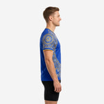 Mens royal blue soccer training jersey with full geometric mandala sublimation print, left side view