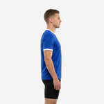 Side view of a mens royal blue soccer training jersey showing short sleeve cut with white contrast cuff band and athletic fit