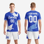 Custom Royal Blue soccer uniform back view showing player name, back number, and sublimated geometric print