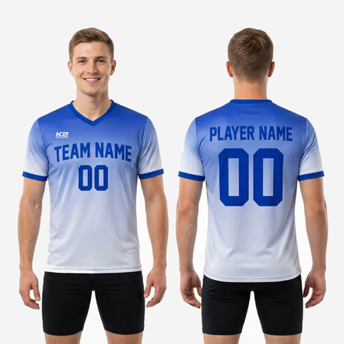 Full body view of custom royal blue sublimated practice jersey on adult male model showing V-neck and athletic fit