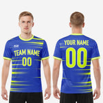 Full view of custom Royal Blue soccer jersey with Neon Yellow horizontal stripe pattern, white crew neck trim, and K2 Sportswear badge