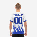 Back view of custom royal blue and white flame soccer jersey showing player surname and number placement