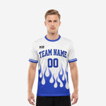 Custom royal blue soccer jersey with white flame gradient print and arched team name on chest, mens short sleeve