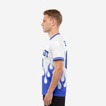 Right side view of custom royal blue soccer jersey with white flame design and sublimated back number panel