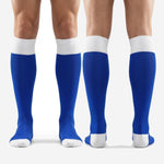 Custom royal blue and white over-the-calf soccer socks pair for team and club orders