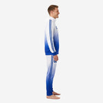 Close detail of Royal Blue ribbed cuffs and wristband on custom gradient soccer tracksuit jacket