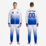 Front and back view of custom blue and white soccer tracksuit showing team logo chest placement, player number, and back name with number sublimated into gradient fabric