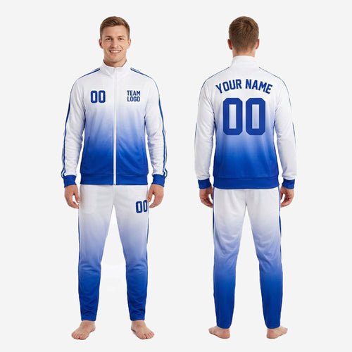 Front and back view of custom blue and white soccer tracksuit showing team logo chest placement, player number, and back name with number sublimated into gradient fabric