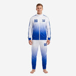 Front view of custom Royal Blue and White soccer tracksuit with full zip stand collar jacket and matching tapered pants on adult male model