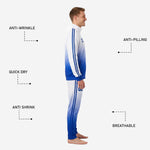 Side view of custom Royal Blue and White gradient soccer tracksuit on adult male model showing full-length fade and 3-stripe sleeve panel