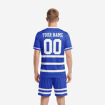 Custom blue soccer uniform jersey front detail showing team name, front number, and full-dye sublimation stripe print