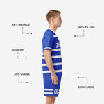 Royal Blue custom soccer shorts with white stripe hem and player number, part of the custom blue soccer uniform set