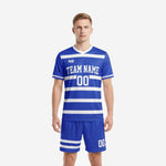 Custom blue soccer uniform in Royal Blue and white horizontal stripe, front view, mens full kit with jersey and matching shorts