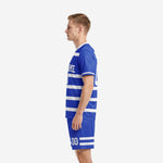 Mens blue soccer uniform right side view with Royal Blue V-neck jersey, white stripe bands, and matching sublimated shorts