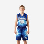 Custom royal blue youth basketball uniforms starburst design with white team name and number 00 on jersey and matching shorts front view