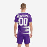Back view of custom royal purple men's soccer team uniforms with silver speed-stripe graphic and white player name and number