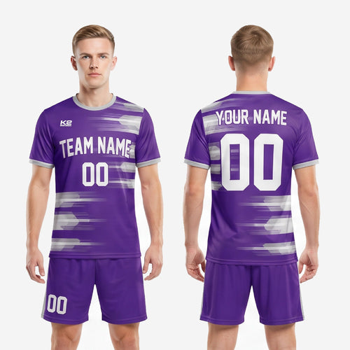Front and back view of custom royal purple men's soccer team uniforms with team name, front number, player name, and back number print zones