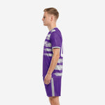 Full kit view of custom royal purple men's soccer team uniforms in royal purple and silver for club, school, and tournament squads
