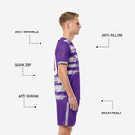 Side view of custom royal purple men's soccer team uniforms showing anti-wrinkle, quick-dry, anti-shrink, anti-pilling, and breathable fabric labels