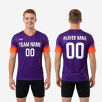 Front and back view of custom royal purple mens soccer training top with orange gradient sleeves and white team name and number