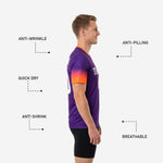 Side view of custom royal purple mens soccer training top showing anti-wrinkle quick-dry breathable fabric features