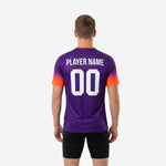 White team name and player number printed via full-dye sublimation on custom royal purple mens soccer training top