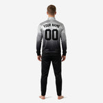 Custom silver to black gradient soccer tracksuit jacket close detail showing stand collar and full zip