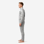 Custom soccer tracksuit in Silver and Camo two-tone split, right side profile showing full-length zip and athletic cut