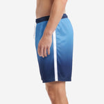 Custom sky blue to navy blue gradient soccer shorts with white side stripe and elastic drawcord waistband, opposite side view on adult male model
