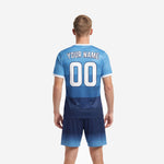 Custom Sky Blue Navy Blue soccer jersey back view with player name and number print zones sublimated polyester