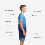 Custom Navy Blue gradient soccer uniform shorts with Sky Blue hem gradient and white contrast trim detail